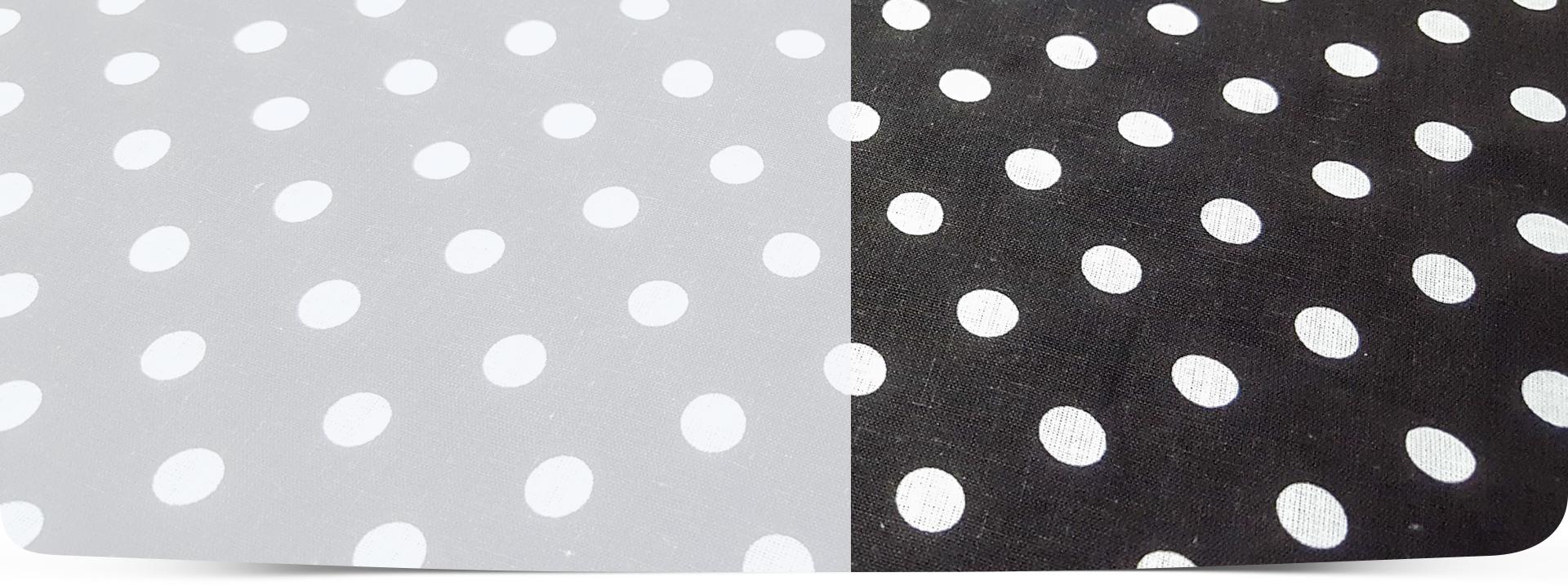 Slajd 2 - Pasmanteria, tkanina czarna i szara, białe kółka